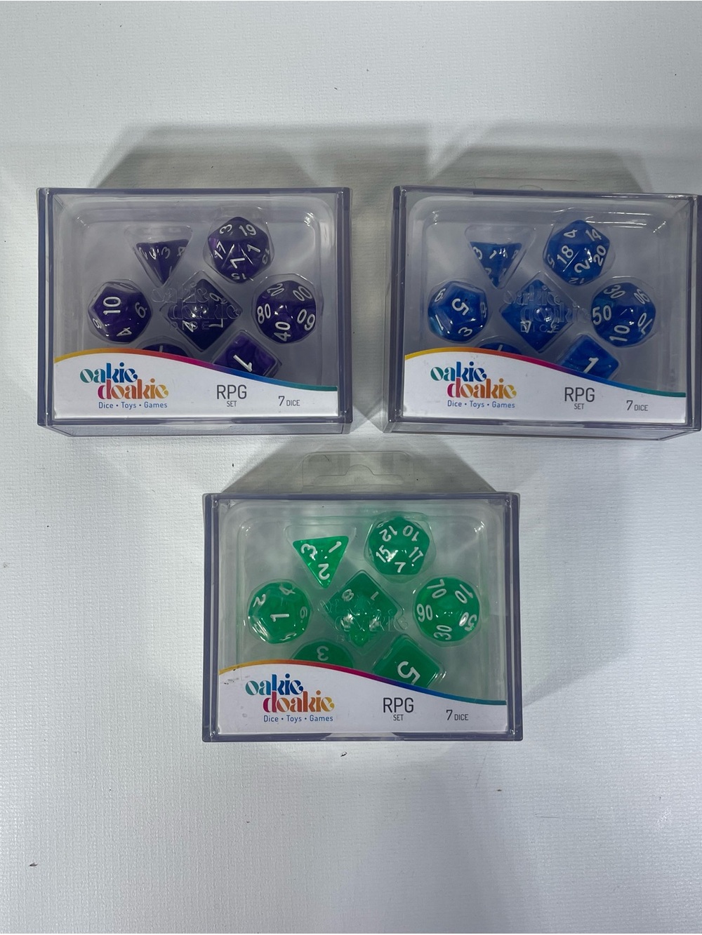 okie dokie RPG Dice 21-Piece Set Purple, Blue, Green